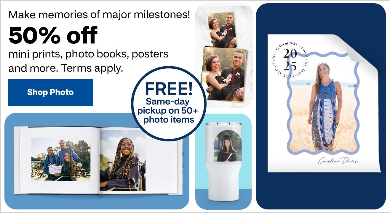 50% off Enlargements, Posters, Collage, Wallet Prints, Photo Books, Wall Décor, Gifts and Calendars